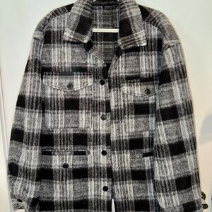 Black and Gray Plaid Wool Button-Up Jacket